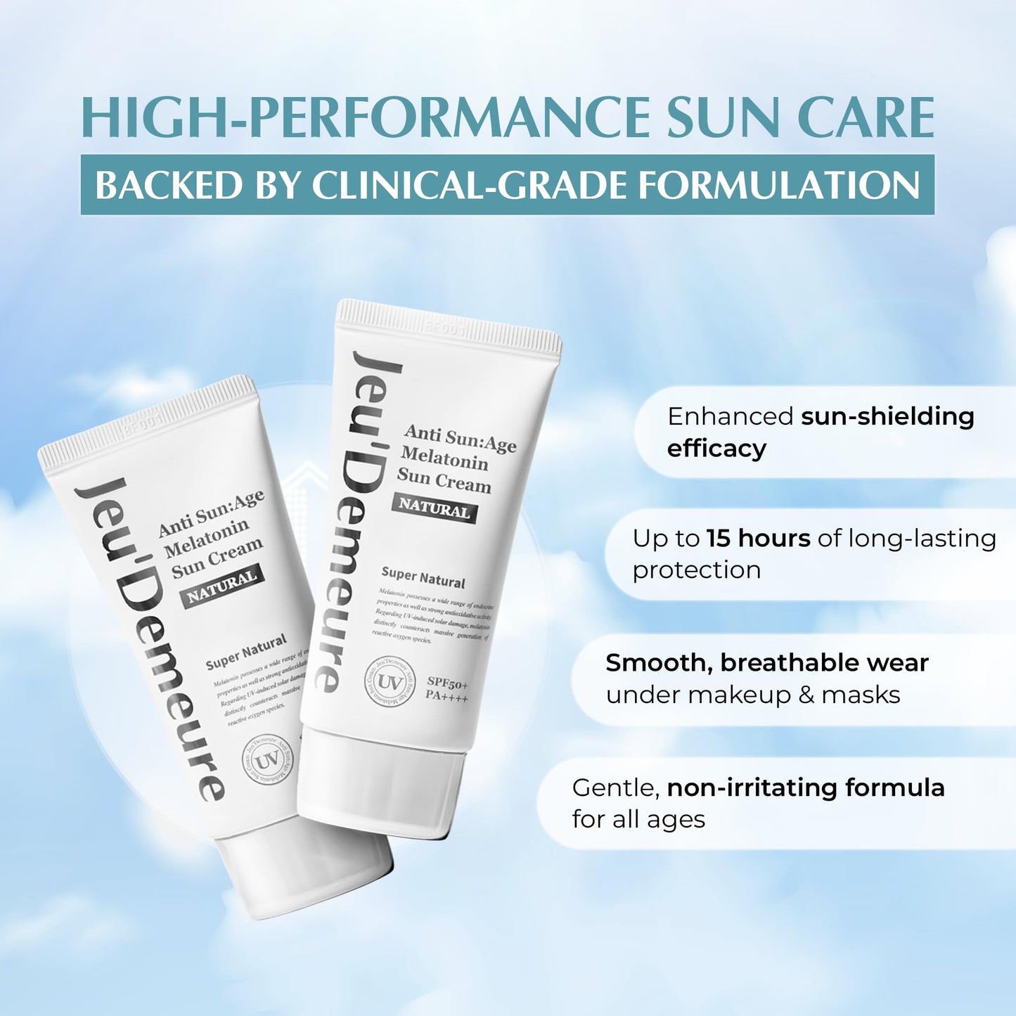 JEU'DEMEURE Anti-Aging SPF 50 Face Moisturizing Sunscreen Lotion with Broad Spectrum, Melatonin, Lightweight, Non-Sticky, Sun Essence for Sensitive Skin, 1.69 fl oz
