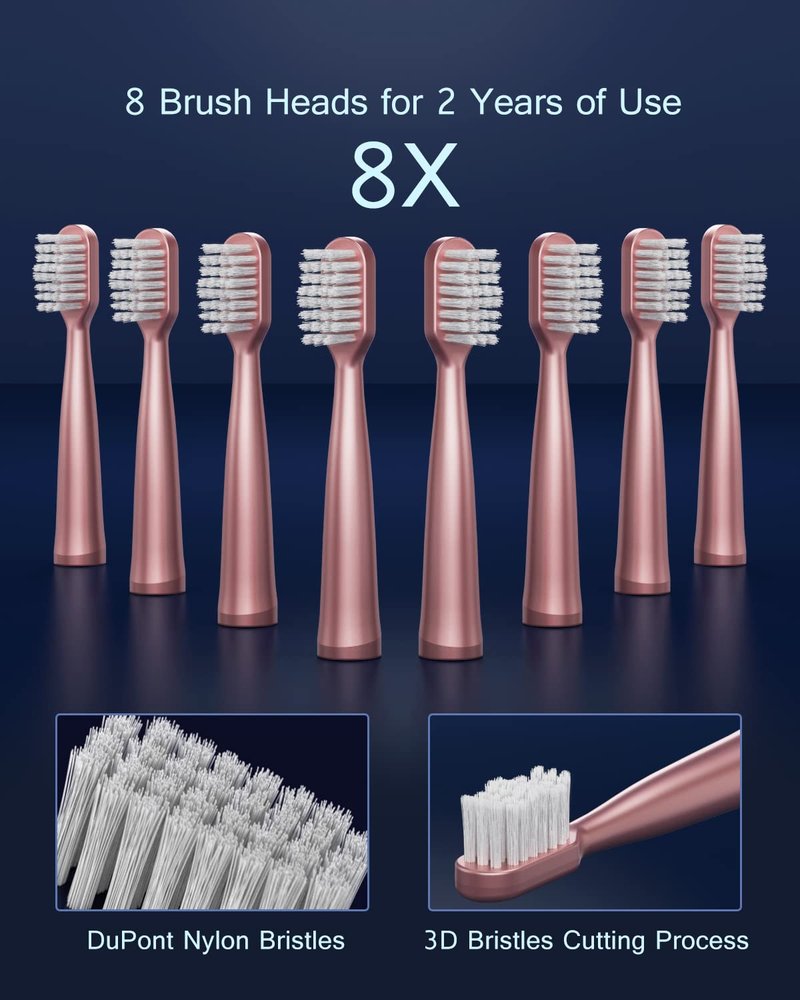 AJELU Sonic Electric Toothbrush for Adults, USB Rechargeable Sonic Toothbrush with 8 Brush Heads, Smart Timer, 5 Modes, 2-Hour Fast Charge Last 30 Days, Pink