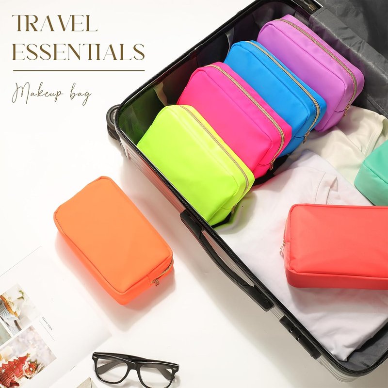Nylon Makeup Organizer Bag - 10-Piece Reusable Cosmetic Travel Purse | Large Capacity, Neon Color