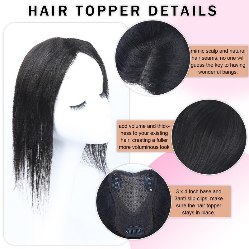 Unipearl Hair Toppers for Women Real Human Hair 12 Inch 360° Cover Remy Human Hair Topper for Women with Thinning Realistic Scalp Clip in Pieces Straight Hair (Natural Black, Side Bangs)