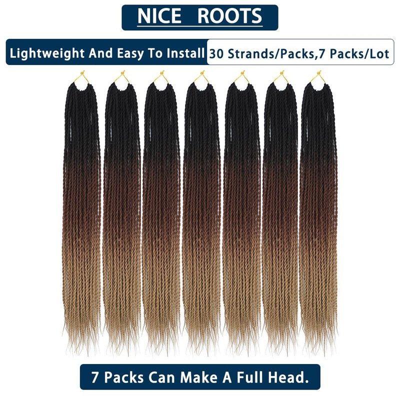 Senegalese Twist Crochet Hair - 7 Packs Pre-Looped Ombre Braiding Hair | 24 Inch, 1B/30/27