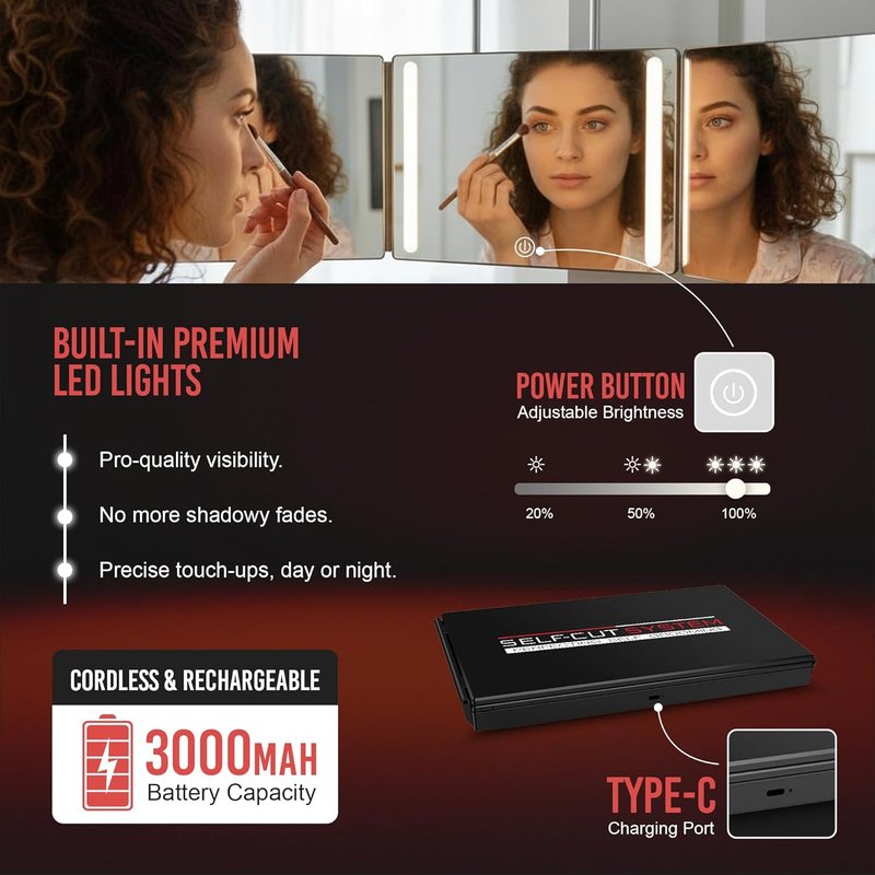 Self-Cut System 3-Way Mirror with LED Lights - 360° Trifold Design for Men & Women | Impact-Resistant, Fits Standard Door, 14” L x 1” W - Black