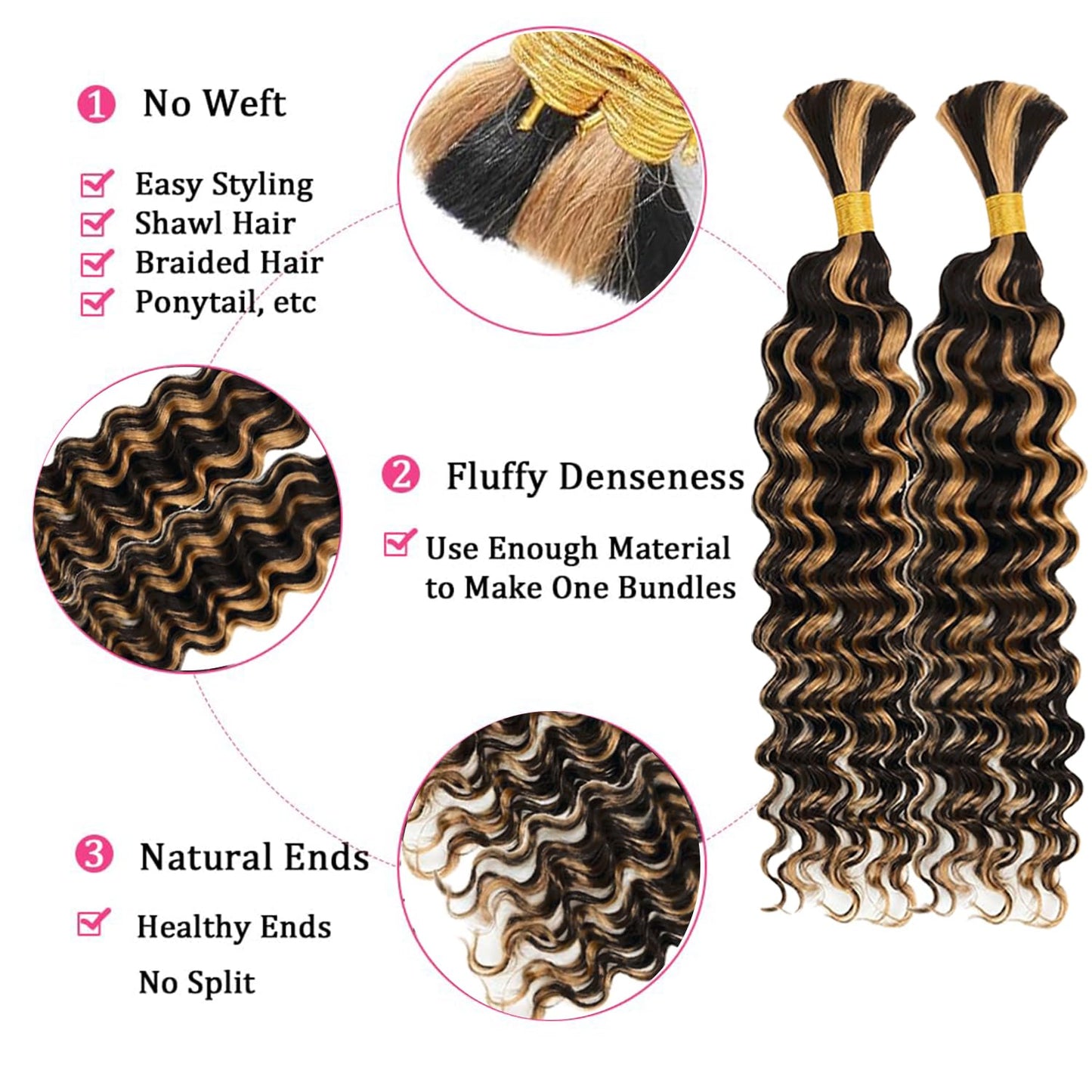 Human Braiding Hair 2 Bundles 100g 16Inch Deep Wave Bulk Human Hair for Braiding No Weft Curly Braiding Hair Bulk Curly Human Hair for Boho Braids 12A Brazilian Virgin Hair Extensions 1B/27