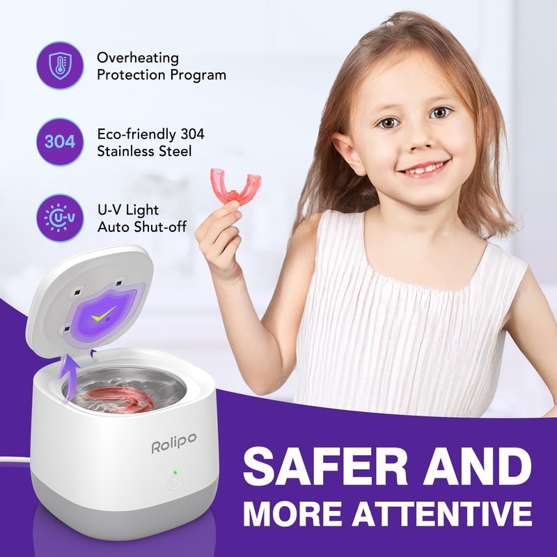 Rolipo Ultrasonic Retainer Cleaner 320ML, 45kHz Denture Cleaner with 4 Lamps, Dental Cleaning Pod for Mouth Guard, Aligner, Braces, Toothbrush Head, Jewelry