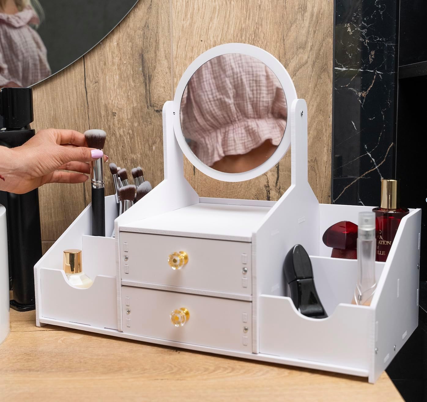 Wooden Makeup Organizer - Elegant Countertop Storage with Mirror & Drawers | Ideal for Brushes & Skincare