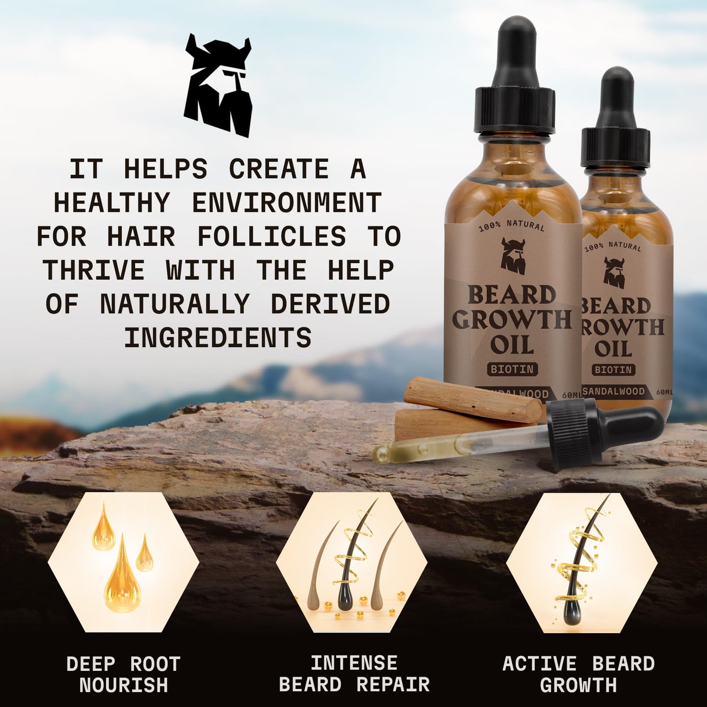 Striking Viking Beard Growth Oil - 2 Fl Oz, Pack of 2, Sandalwood - Nourishing Jojoba & Argan Oil Hydration - Intense Thickening for Beard Growth