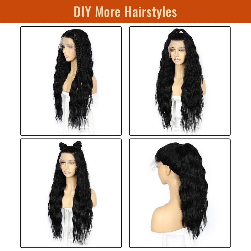SAPPHIREWIGS 13×4 Black Lace Front Wigs Loose Wave Wig Pre Plucked Hairline Synthetic Lace Frontal Crimp Curly Wigs for Black Women Cosplay Daily Party Use 30 inch