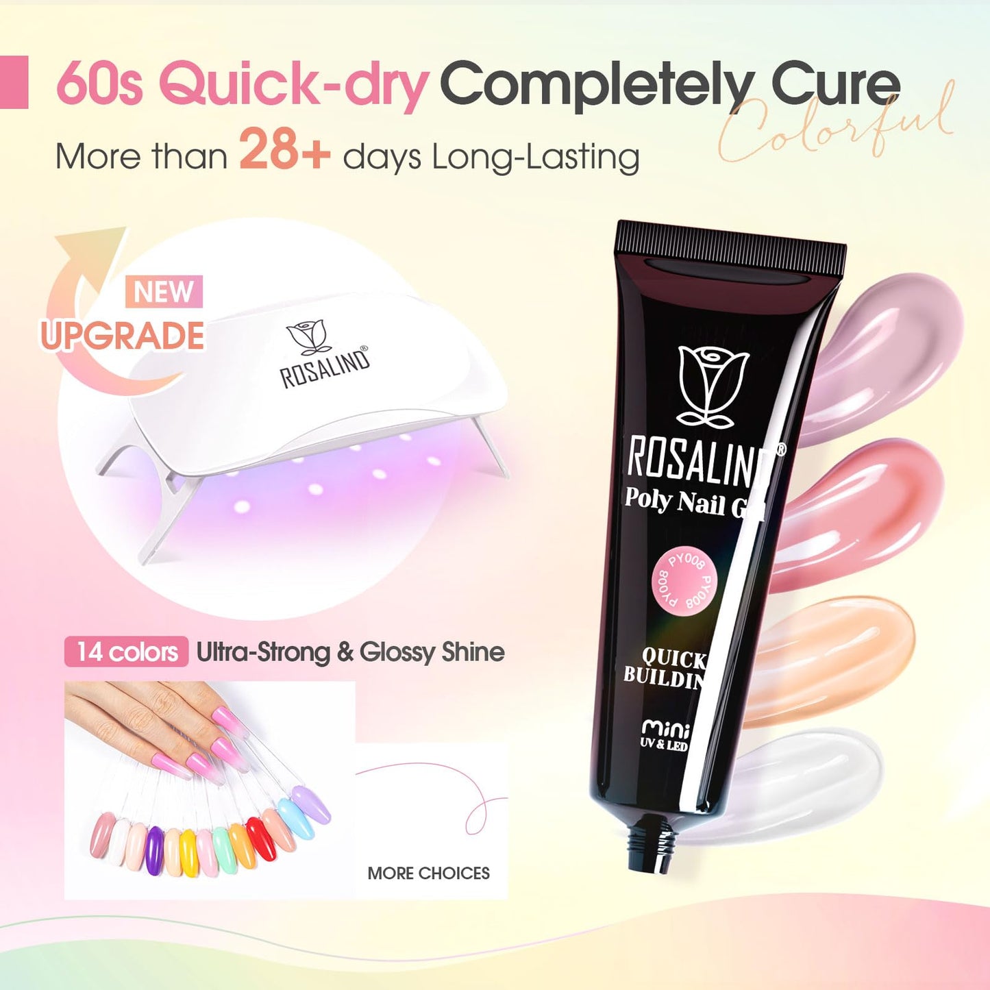 Poly Nail Gel Kit -20 Colors + 76 Nail Art Accessories ROSALIND Nude Clear Poly Nails Gel Kit Starter Kit with Slip Solution Nude Pink Nails Extensions with Mini UV Lamp