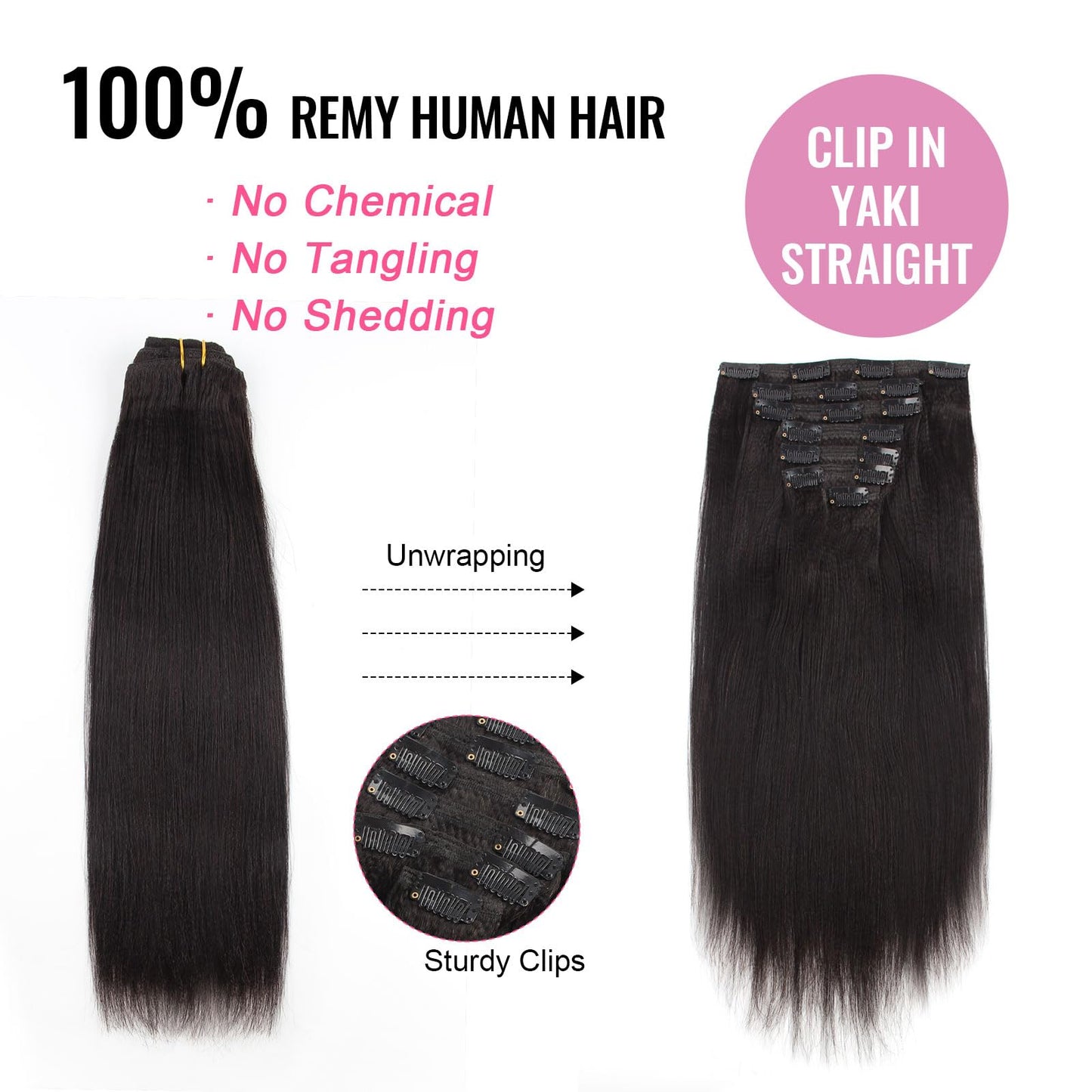 ABH AmazingBeauty Hair Yaki Straight Clip ins Human Hair Extensions for Black Women Natural Black Light Yaki Clip ins 7 Pieces 120 Gram Per Set, 12 Inch