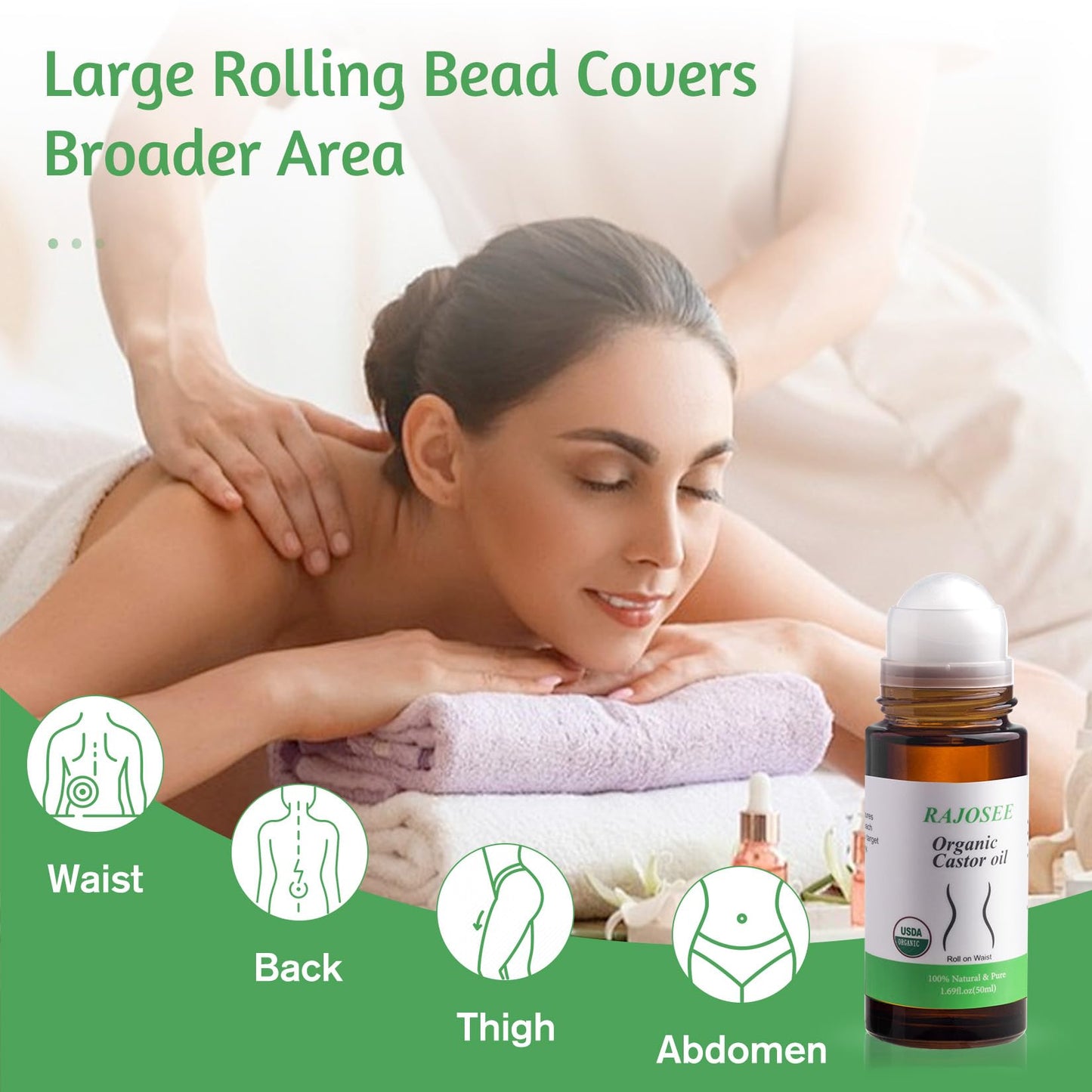 RAJOSEE 5 Pcs Castor Oil Roll on Set, Certified Organic Castor Oil Rolling for Skin Waist Back Leg Lip Eyebrow Hair, Cold Pressed Essential Oil in Glass Bottle