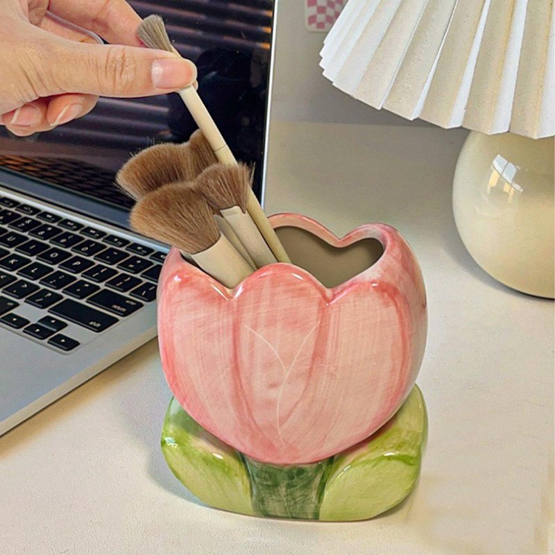 ESIW Ceramic Tulip Cosmetic Storage Box, Desktop Organizers Make Up Brush Storage Stand Desktop Storage Box for Brush,Pencil,Art Supplies, Painting Brush (Pink+Purple+Red+Yellow)