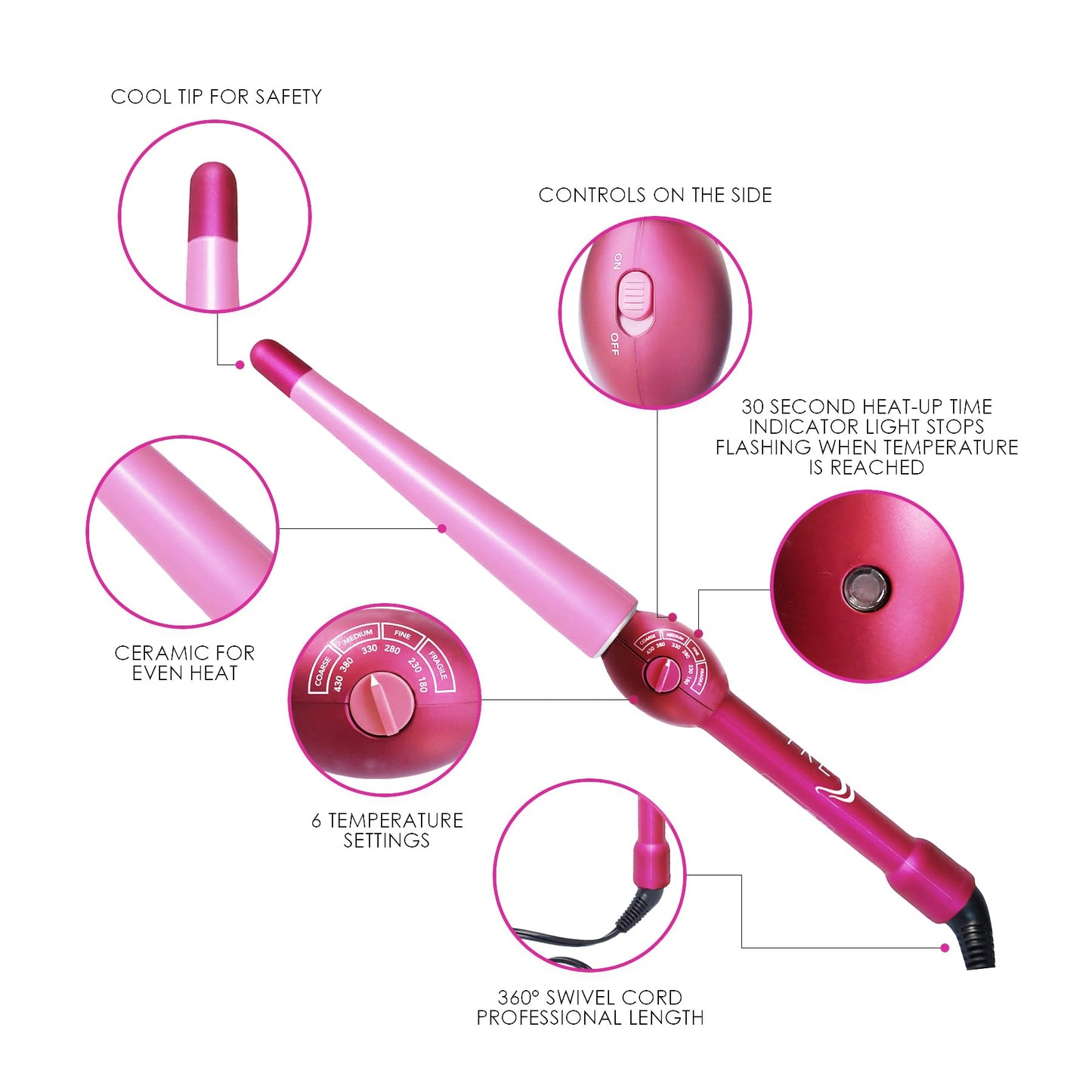 Mr Big Tapered Curling Wand – Long Barrel with Ceramic Coating for Long Hair – Conical Shape, 6 Heat Settings, Dual Voltage, Auto Off – Unique Taper from 2/3” to 1.25” Diameter