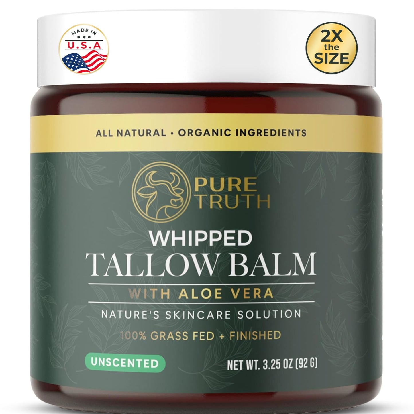Pure Truth Whipped Tallow and Honey Balm (Unscented), Beef Tallow for Skin Care, Grass Fed + Finished Tallow Moisturizer Cream for Face & Body w/Organic Honey, Aloe Vera, Jojoba Oil, Men Women 3.25oz