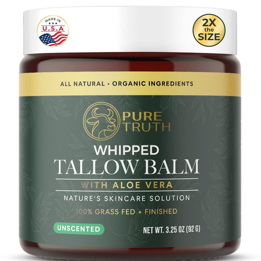 Pure Truth Whipped Tallow and Honey Balm (Unscented), Beef Tallow for Skin Care, Grass Fed + Finished Tallow Moisturizer Cream for Face & Body w/Organic Honey, Aloe Vera, Jojoba Oil, Men Women 3.25oz
