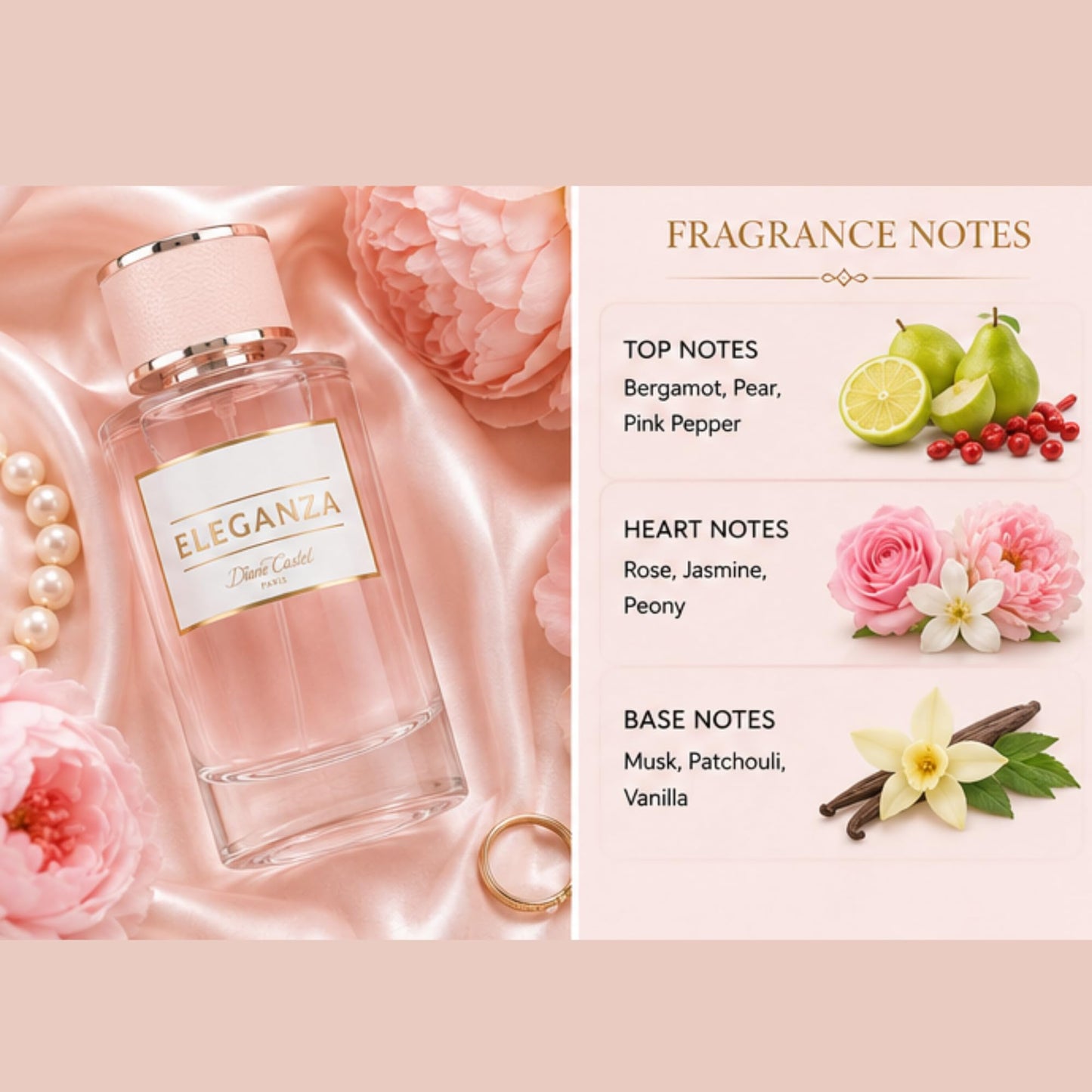Diane Castel Eleganza - Fruity Chypre Fragrance - Perfume for Women - Notes of Strawberry, Bergamot, Orange Blossom, Jasmine, and Vanilla - 3.3 oz