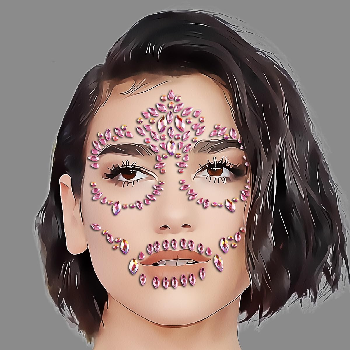Day Of The Dead Skull Pink Face Stickers Gems Jewels Rhinestone Skeleton Gem Face Decal Temporary Tattoo Kit For Halloween Festival Rave Party Outfit Men Women Hollowing Prank Makeup