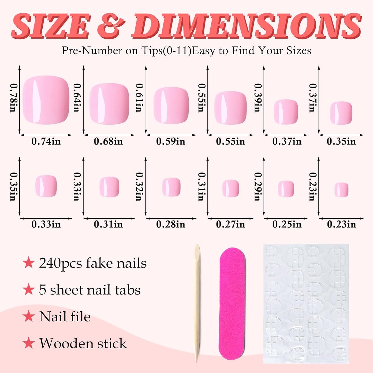 Press On Toenails for Women - 168pc Pink Acrylic Fake Toenails with Adhesive Tabs | Short Square Design