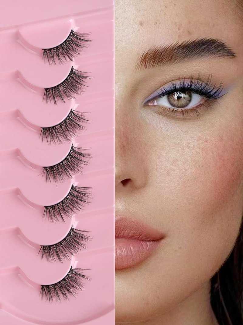 Natural Look Half Eyelashes - 14mm Cat Eye Wispy Lash Strips | 3D Volume Soft C Curl, 7 Pairs