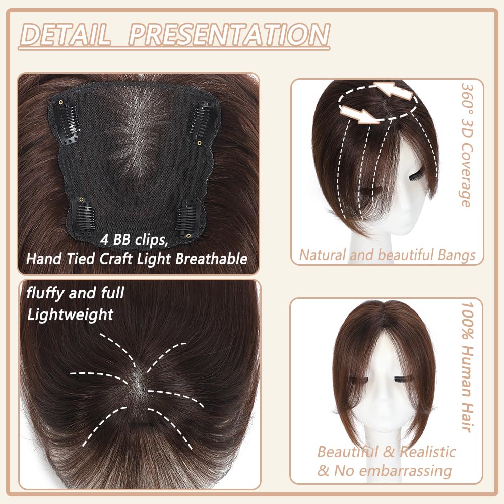 HVVZOY Hair Toppers for Women Real Human Hair, 360° 3D Real Human Hair Toppers for Women with Thinning Hair Clip in Bangs Big Coverage 12 Inch Hairpieces (1B, 3D Wispy Bangs)