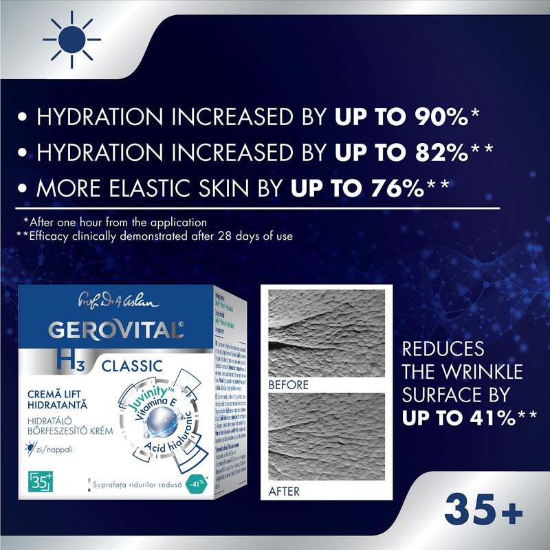 GEROVITAL CLASSIC Moisturizing Lifting Cream with Hyaluronic Acid and Vitamin E - Deep Hydration, Reduces Wrinkles & Fine Lines, Anti-Aging Face Cream, 50 ml