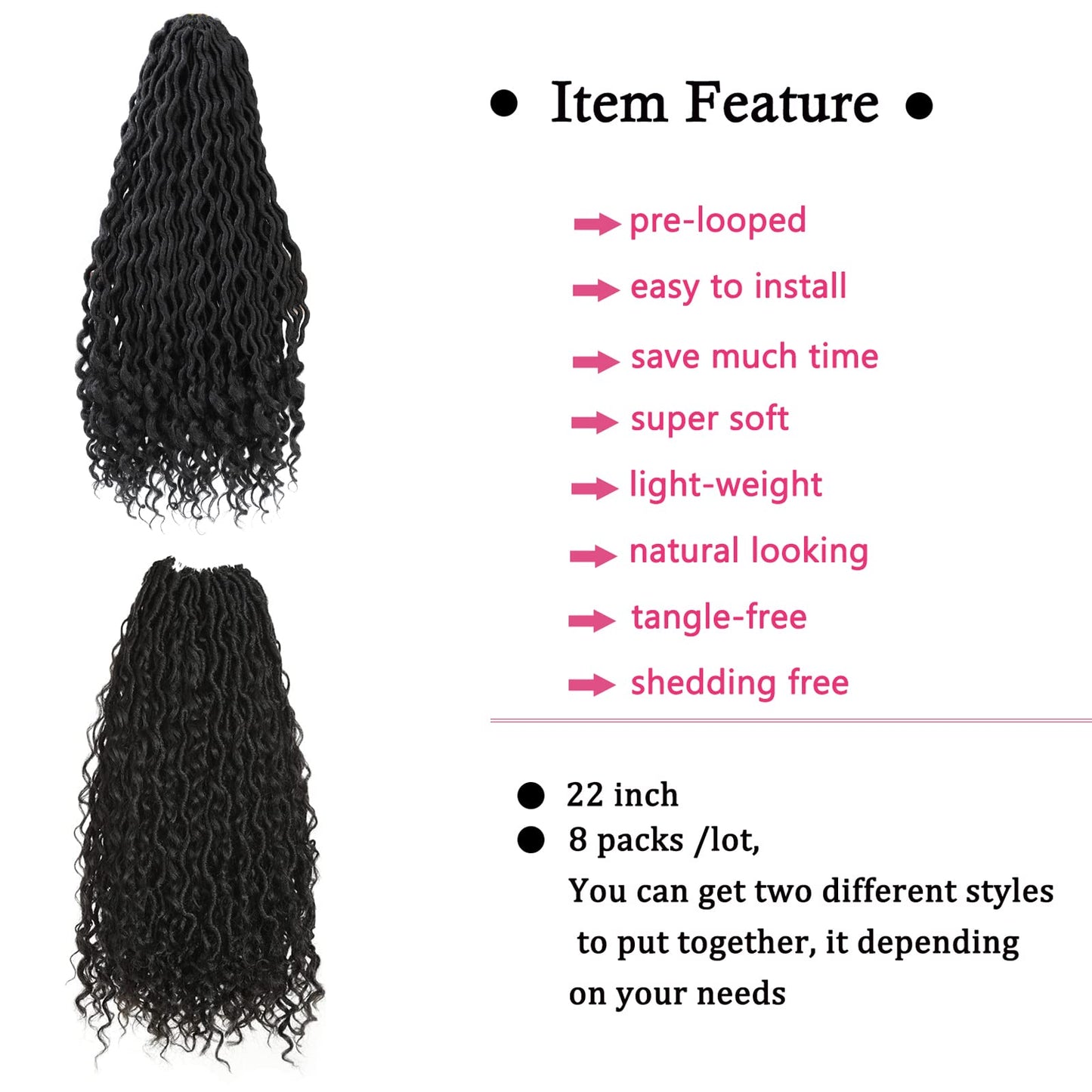 8 Packs New Goddess Locs Crochet Hair 22 Inch River Locs Crochet Braids Bohemian Faux Locs Crochet with Curly Ends Pre-looped Boho Style Synthetic Braids for Black Women(1B#)