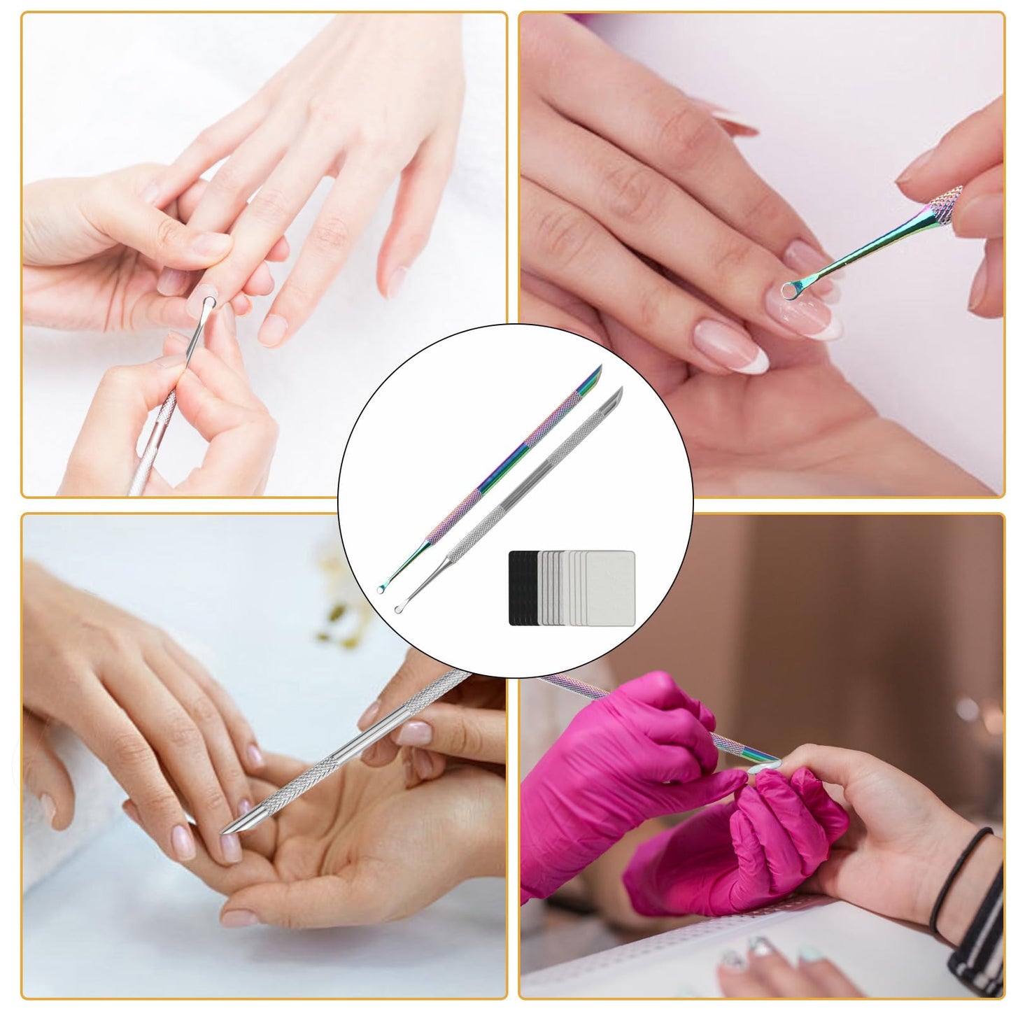 TNJPSEK 2 Pack Professional Nail Polish Around Cuticle Remover Tools, Pre-treatment Cuticle Pusher with 15 Sheets 100/180/240 Grit Sandpaper, Dual-Ended Russian Nail Polish for Manicure Pedicure Salon