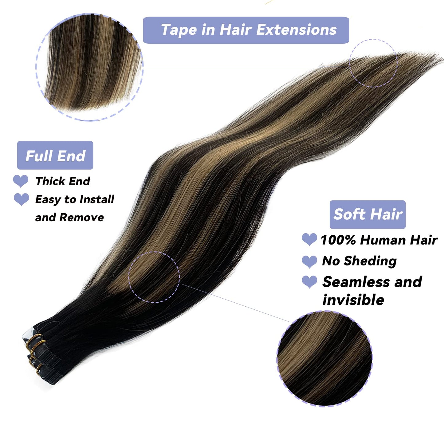 Balayage Blonde Highlights Tape in Human Hair Extensions 18Inch Ombre Natural Black with Strawberry Brown 100% Remy Tape in Hair Extensions Seamless Soft Straight 40g/20pcs