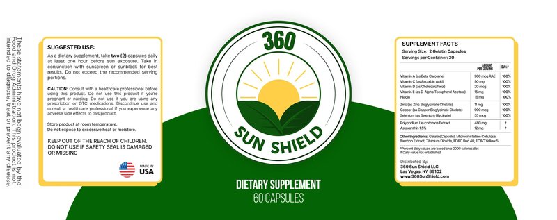 360 Sunshield Skin Care: All Natural Skin Defense of 240 mg of Polypodium Leucotomos + Proprietary Blend (30 Daily Servings)