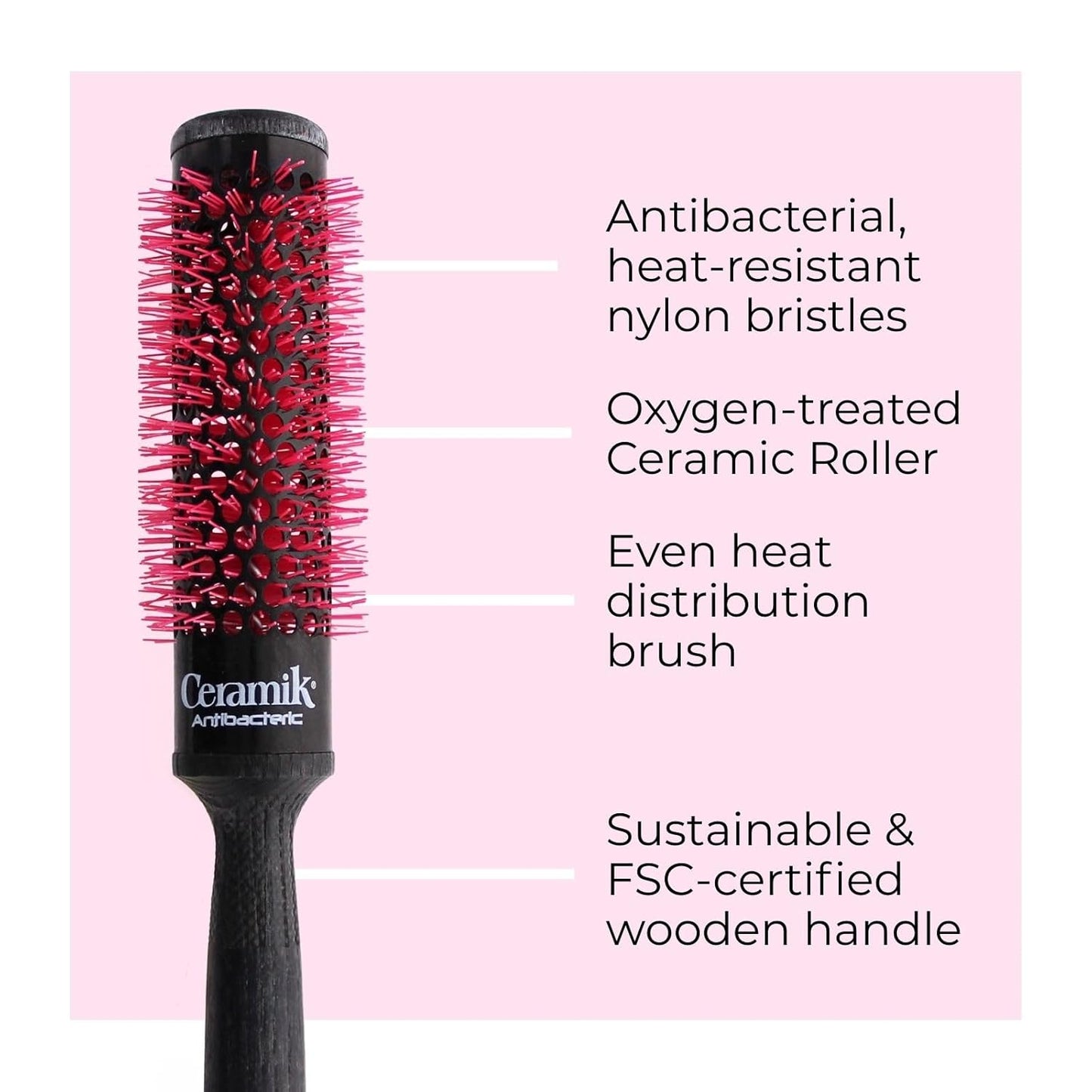Ceramik Oxy Round Brush - Oxygen-Treated Ceramic Barrel, Wooden Handle | 1.18 Inch Diameter for Medium to Long Hair