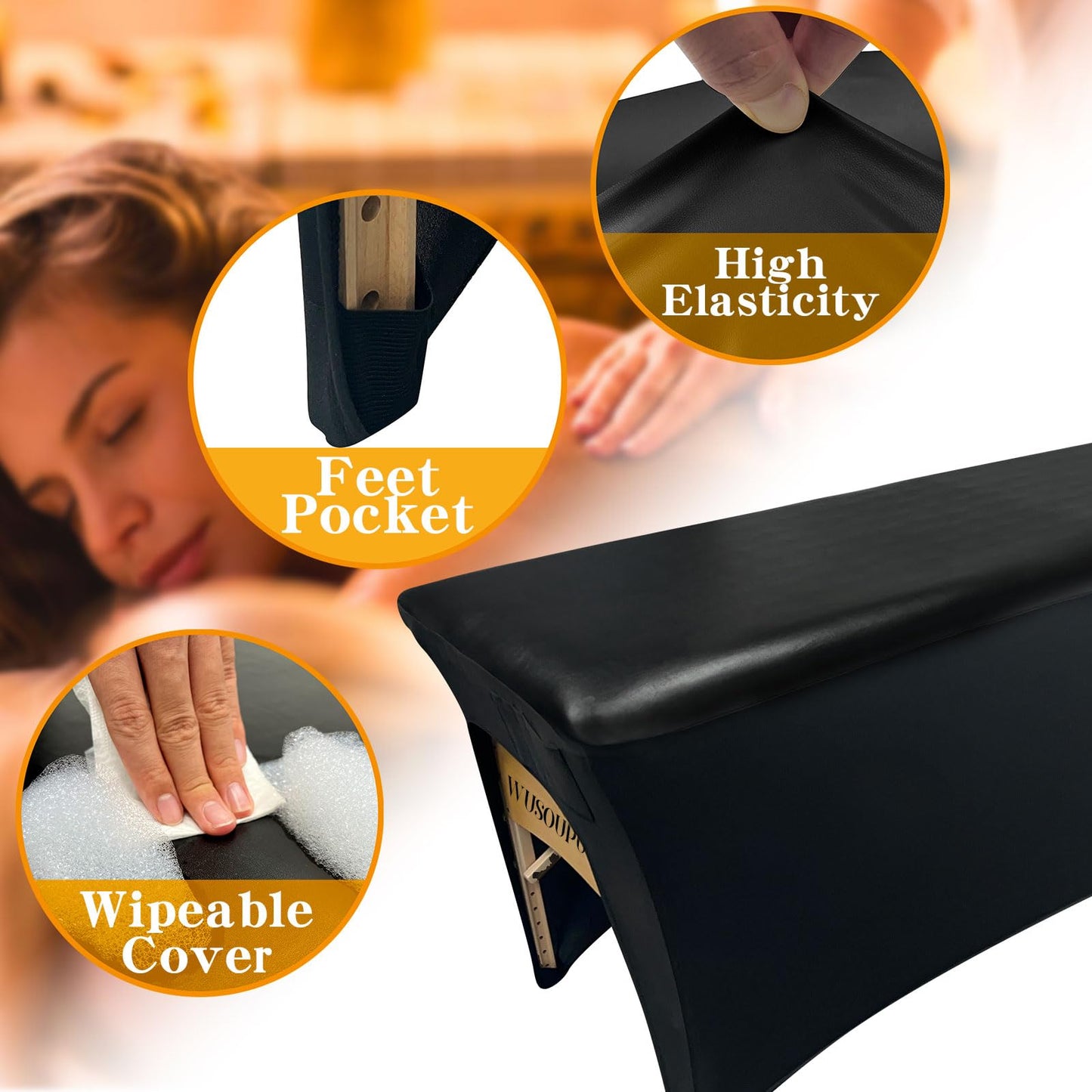WUSOUPU Wipeable Lash Bed Cover Massage Table Cover Waterproof and Reusable Wax Bed Cover for Esthetician, High Elasticity Vegan Leather Tablecloths for 6 FT Rectangular Table (Black)