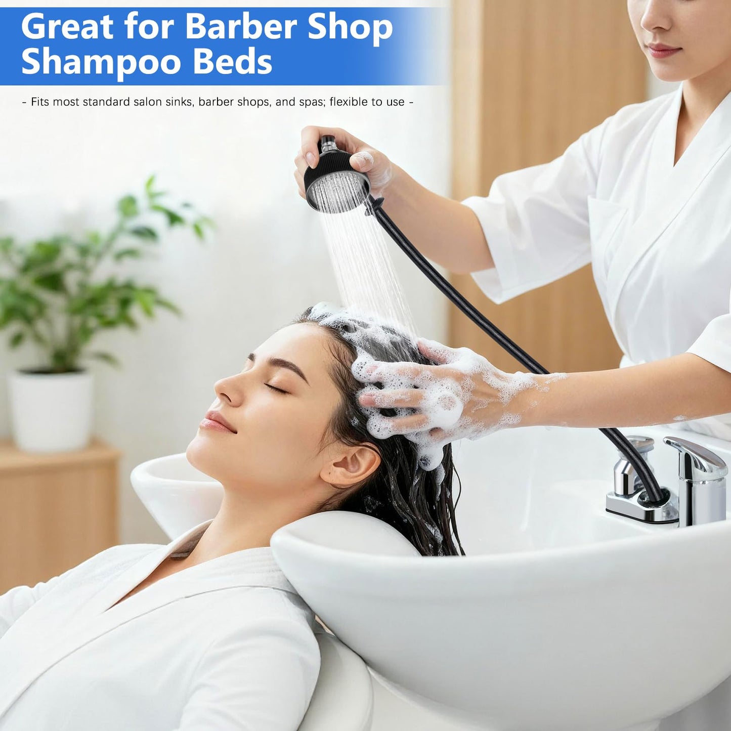 ZKDAUSDO UPC Certified Salon Shampoo Bowl Sprayer Head Hose Kit - 1/4" Thread to Attach Shampoo Bowl Faucet for Barber Shop Spa, Black Rubber Salon Sink Shampoo Bowl Hose Replacement Part