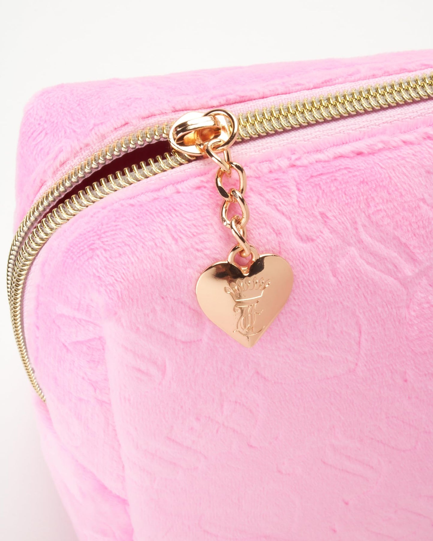 Juicy Couture Pink Makeup Bag Cosmetics Organizer Travel Essentials Zip Top Wedge Velour Heart