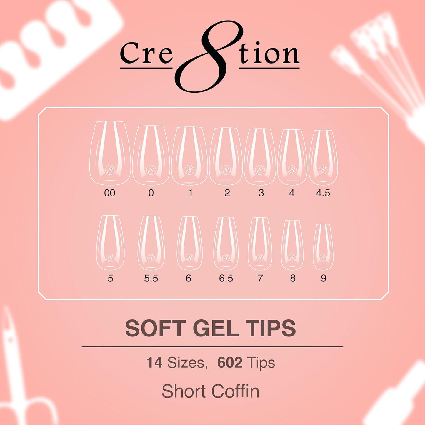Soft Gel Nail Tips - Short Coffin Shape | 602 Tips in 14 Sizes (00-9) for Professional Nail Extensions