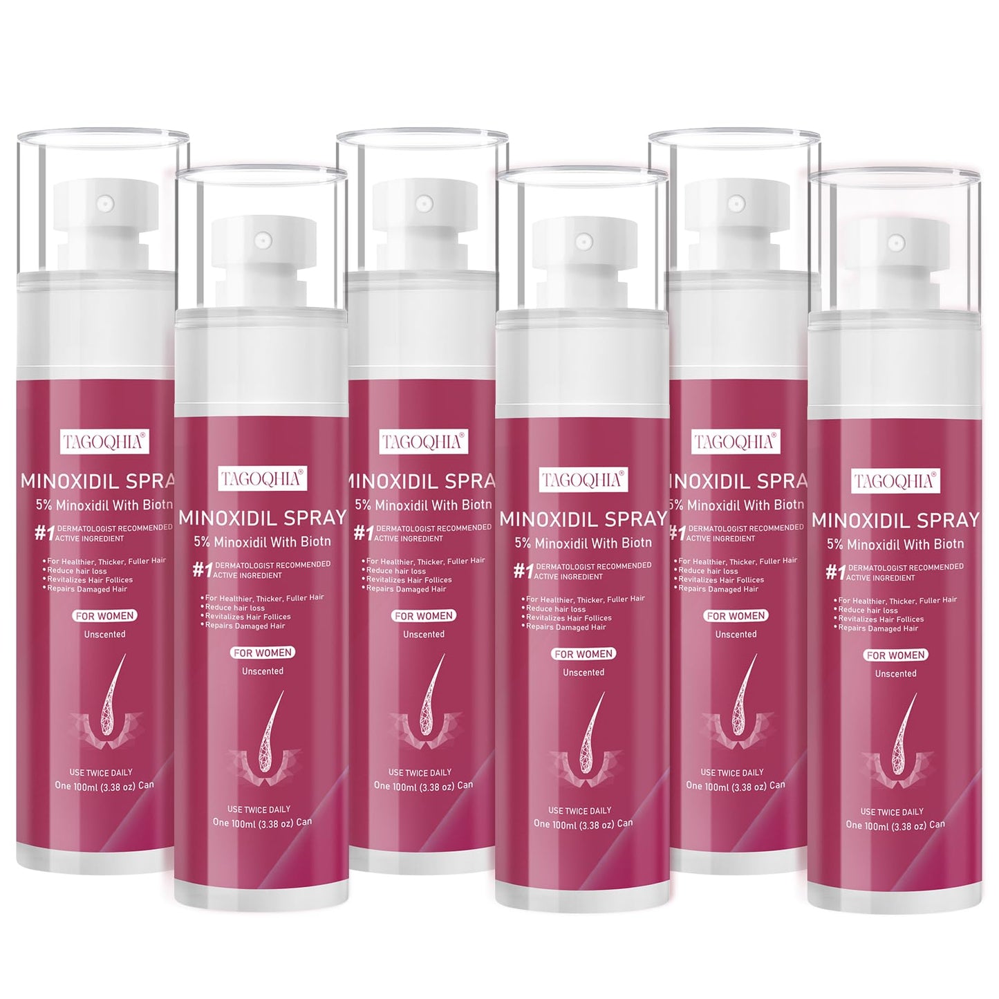 5% Minoxidil for Women Hair Regrowth Spray, hers hair regrowth treatment Infused with Biotin, Extra Strength Treatment to Combat Hair Loss and Thinning, 6 Bottles（100 Ml)