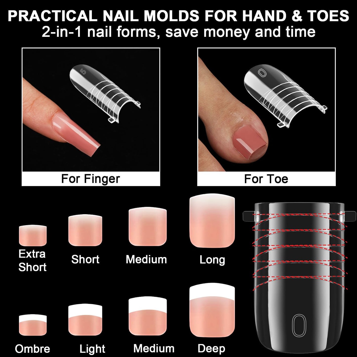 160 Pcs Toe Dual Nail Forms for Poly Gel & Builder Gel Toenail Extension - 16 Sizes Reusable Full Cover Square Toenails Molds - Professional Pedicure Nail Tips for Salon & DIY at Home