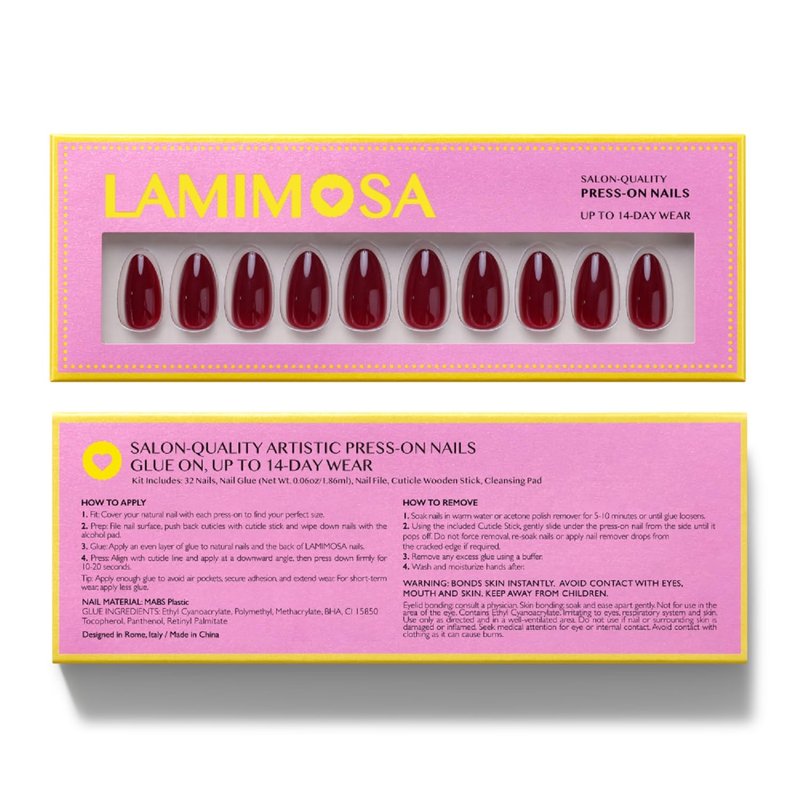 LAMIMOSA 32Pcs Burgundy Press On Nails Short Almond – Soft Gel Red Solid Color Fake Nails in 16 Sizes, Reusable Glue on Nails Kit, TUSCAN WINE