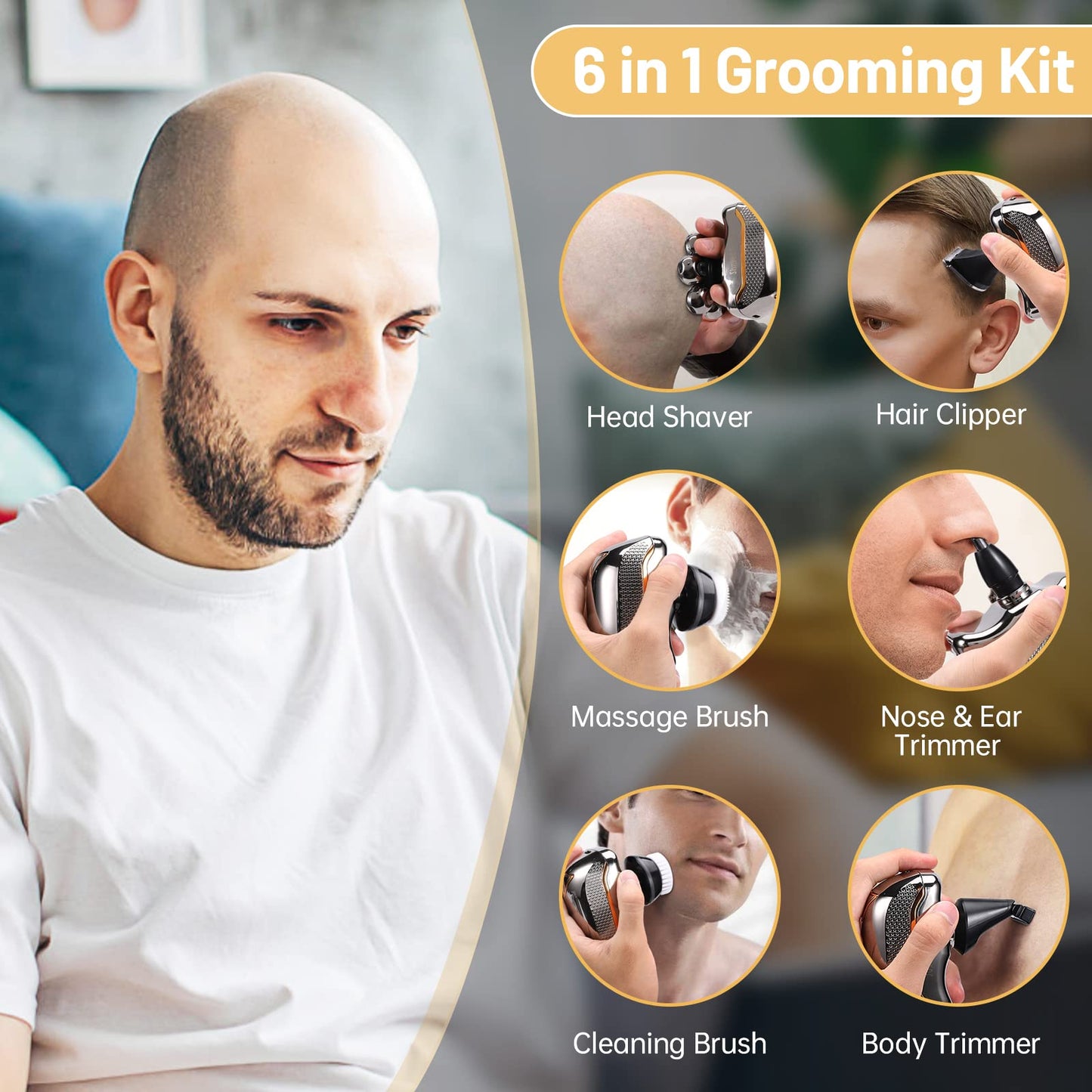 Head Shavers for Bald Men: - Electric Head Shavers for Men Wet&Dry Waterproof Cordless Electric Razor, 6-in-1 Rotary Shaver Grooming Kit with Nose Beard Trimmer Hair Clipper