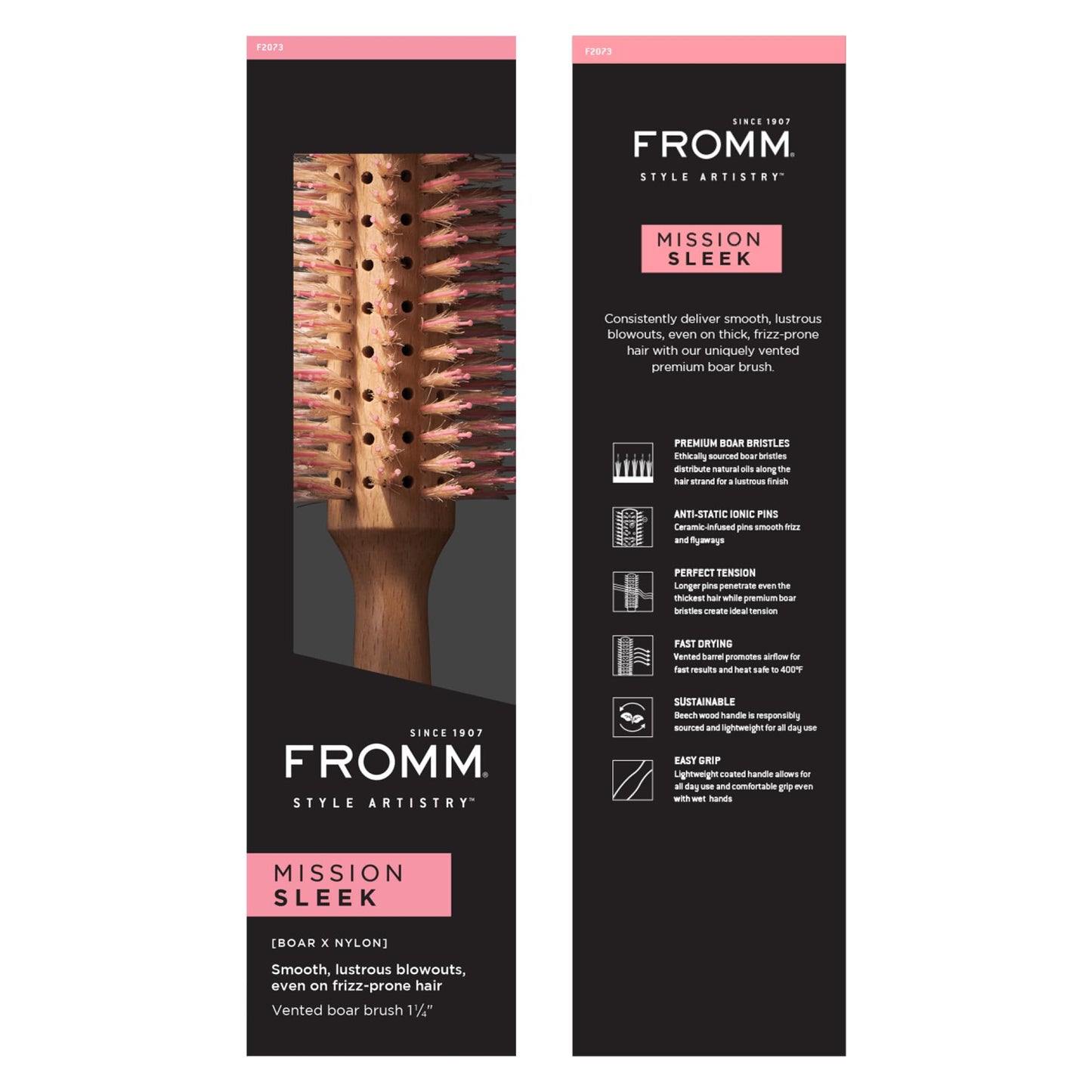 Fromm Mission Sleek 1.25" Vented Round Boar Brush for Smooth, Lustrous Blowouts Even on Frizz-Prone Hair Wooden Hairbrush with Natural Boar for Anti-static Styling, Smoothing, Straightening and Shine