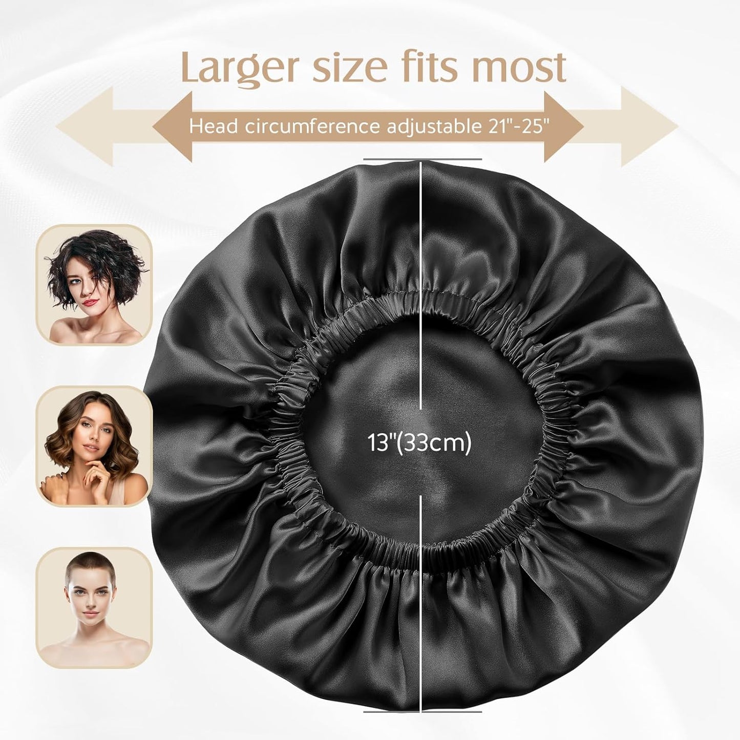 Double Layered 100% Silk Bonnet for Women - 22 Momme Mulberry Silk Sleep Cap | Adjustable Elastic, Reduces Frizz (Black, XL)