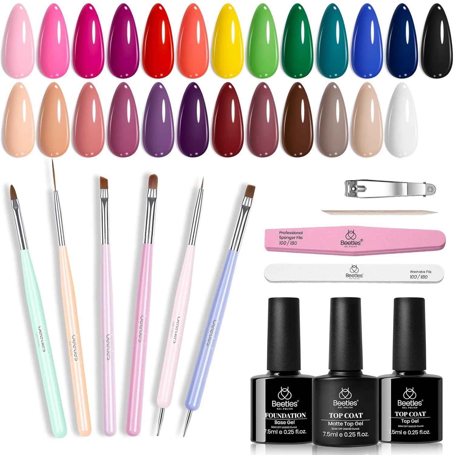 Beetles Gel Nail Polish Set - 25 Colors with Nail Art Brushes & Design Pens