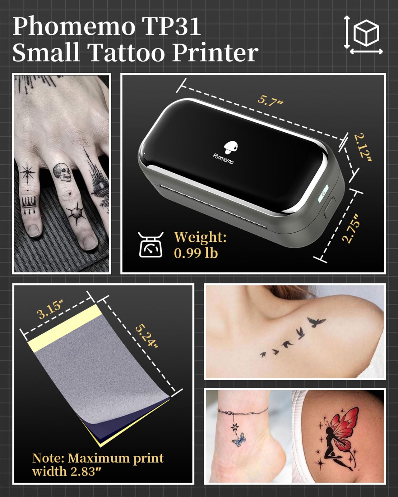 Phomemo TP31 Wireless Tattoo Stencil Printer with 30pcs Transfer Paper, Compatible with Phone & Tablet, Bluetooth Mini Thermal Tattoo Printer Machine for Artists & Beginners, for Halloween