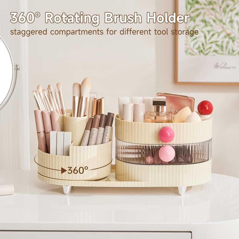 UFORU Makeup Organizer Countertop for Vanity with 360° Rotating Brush Holder, 3 Layer Cosmetic and Jewelry Storage, Makeup Display Case for Skincare&Perfume (Cream White)
