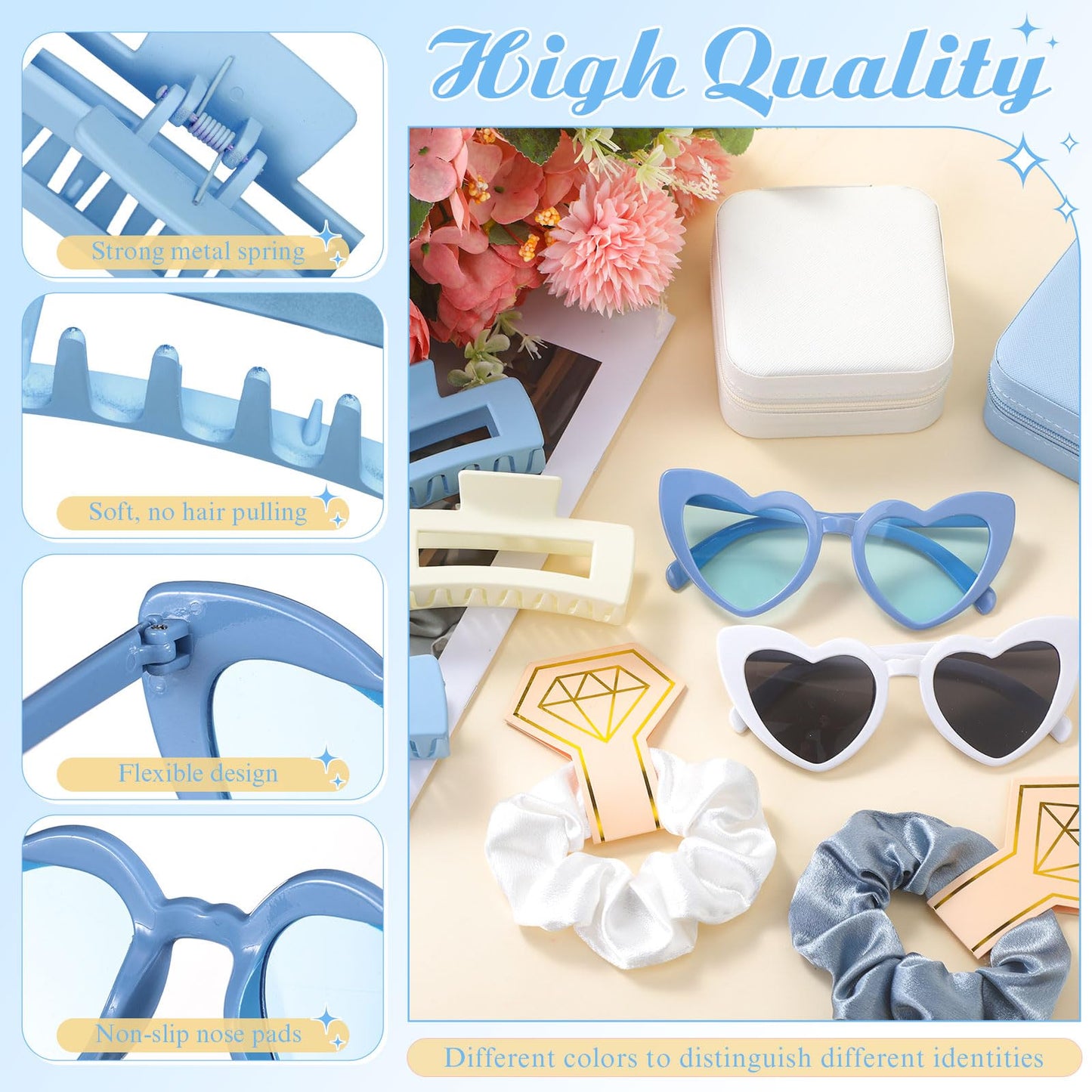 Hotop 24 Pcs Bridesmaid Proposal Gifts Set, 6 Mini Jewelry Box, 6 Satin Bridesmaid Scrunchies, 6 Bachelorette Sunglasses, 6 Square Hair Clips for Bridal Shower Wedding Party Favors (White, Blue)