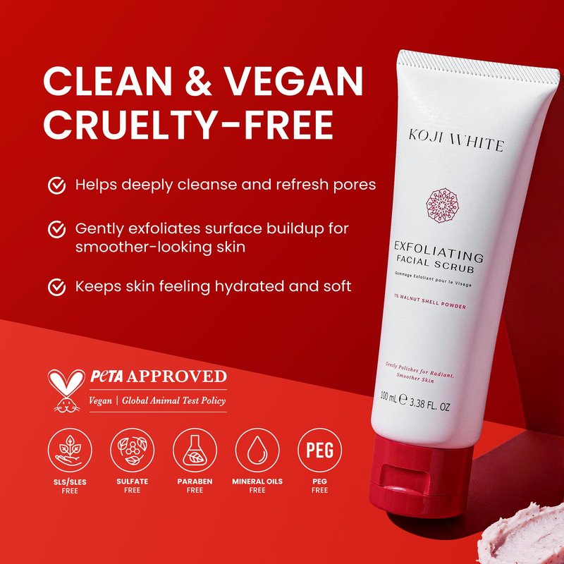 Koji White Exfoliating Facial Scrub | Kojic Acid Face Wash, Gentle Daily Scrubber & Exfoliator for Radiant with 1% Walnut Shell, AHA, Hyaluronic Acid for Uneven Skin Tone, Vegan Skincare, 3.38 Fl Oz