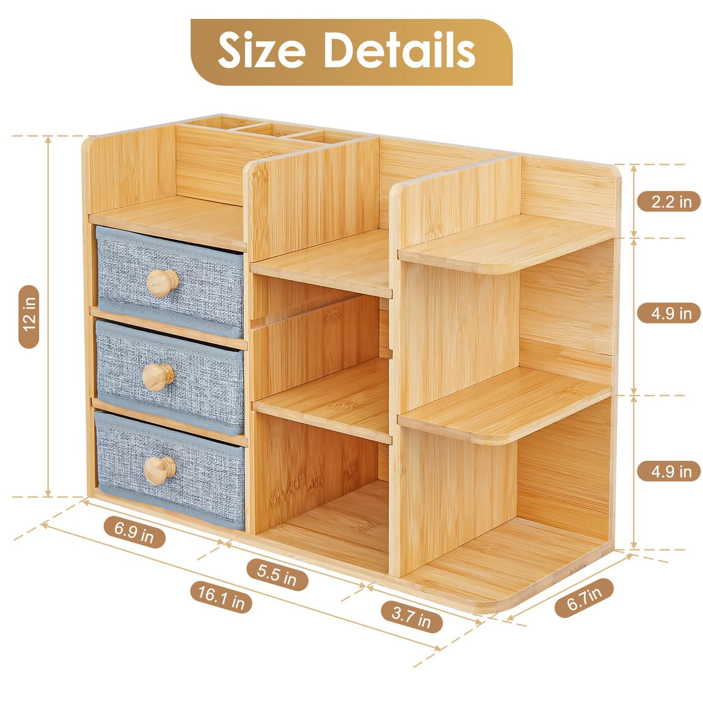 Large Makeup Organizer Countertop For Vanity Dresser, Bamboo Bathroom Counter Organizers And Storage,Cosmetic Skincare Perfume Organizer With 3 Makeup Brush Holder/2 Drawers/5 Shelves /8 Compartments