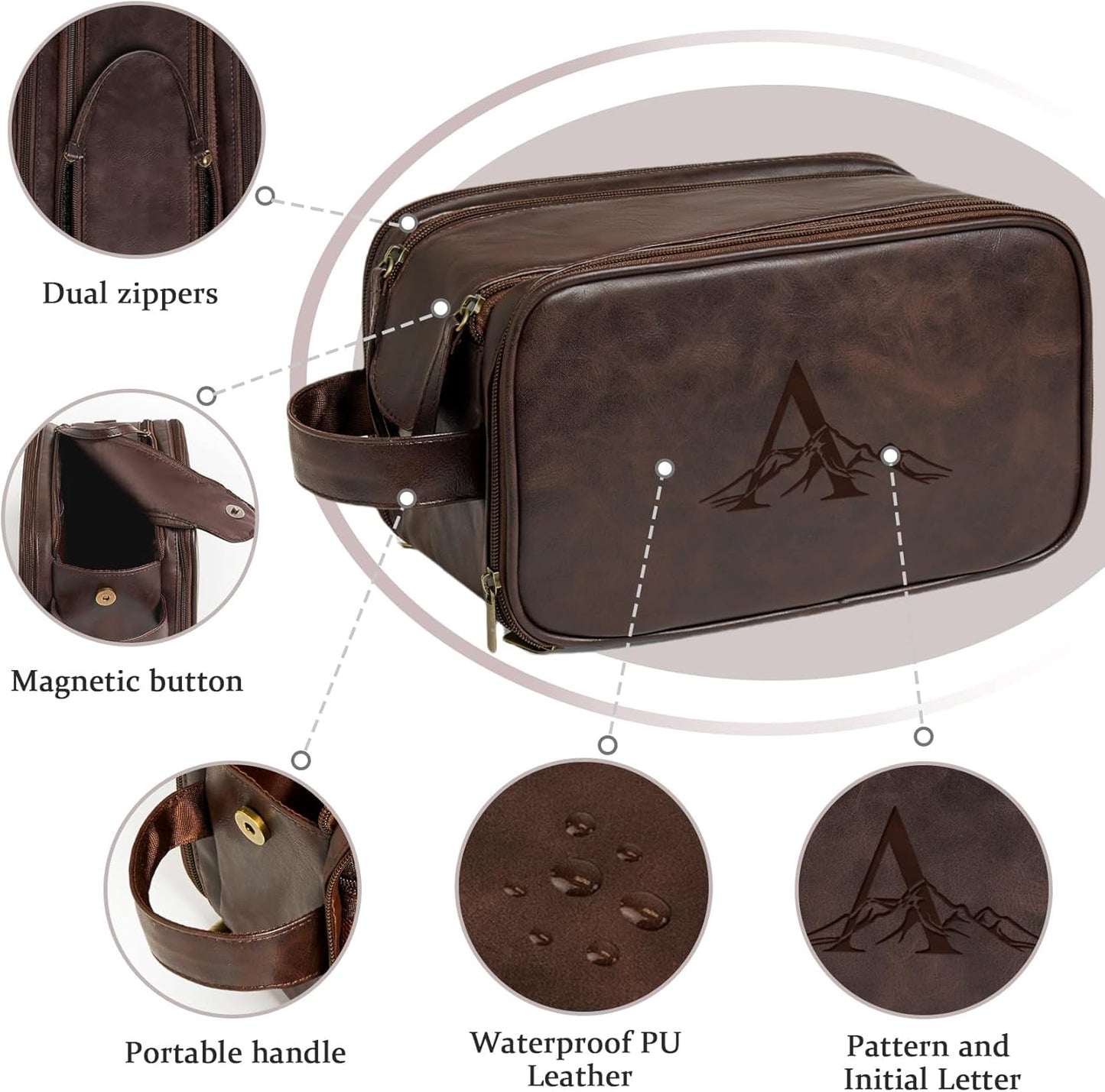 Personalized Toiletry Bag for Men - Custom Initials & Mountain Design | Dark Brown Travel Essentials
