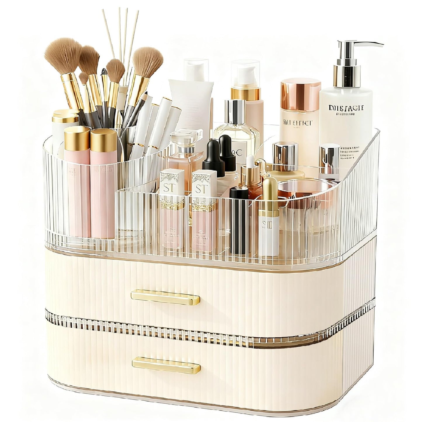 Makeup Organizer for Vanity with Stackable Drawers, 360 Rotating Makeup Brush Holder Large Cosmetic Display Case for Dresser, Bathroom Countertop Skincare Storage, Ideal Gift for Girls (3-layer)