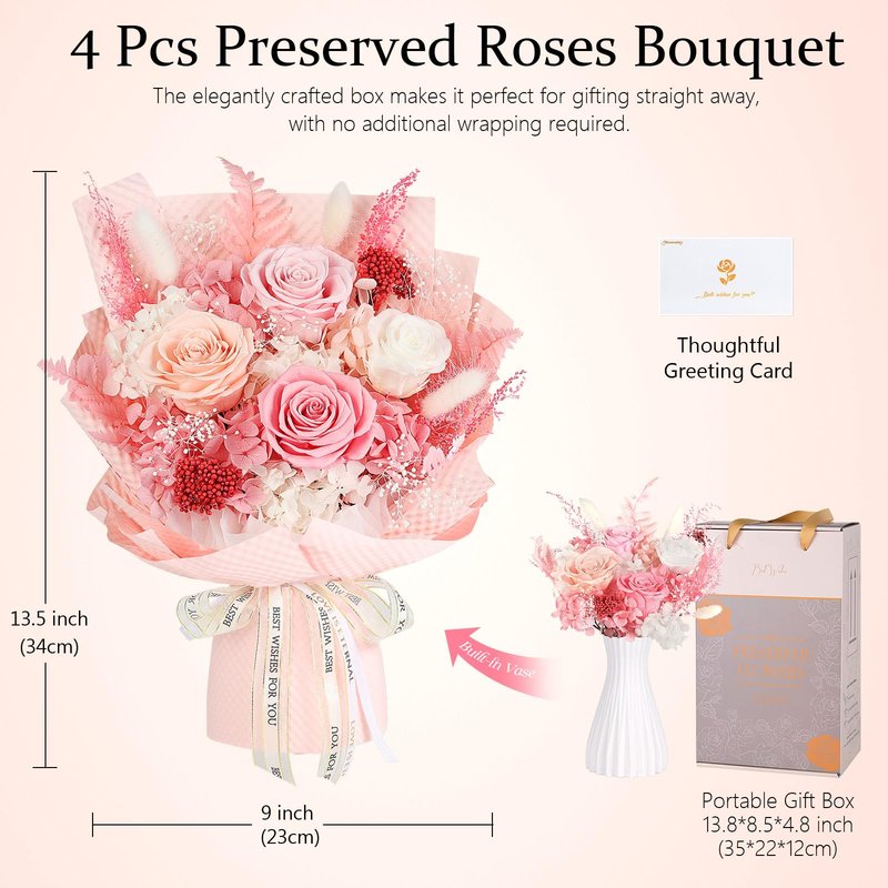 Preserved Flowers Bouquet 4 Roses - Pink Roses & Flowers for Delivery, Long-Lasting Real Roses Forever, Mothers Day Gifts for Mom Grandma Wife, Anniversary Birthday Gifts for Women
