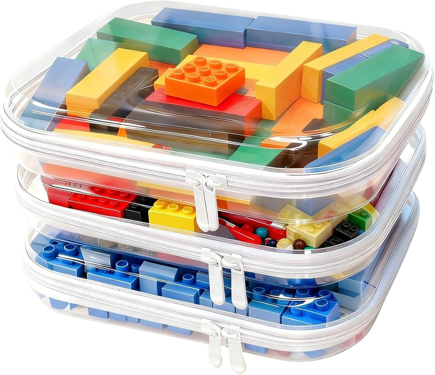Clear Hard Shell Zipper Case Set - 3PCS Toy & Cosmetic Organizers | Medium Stackable Travel Bags 9.85x7.9x2 IN