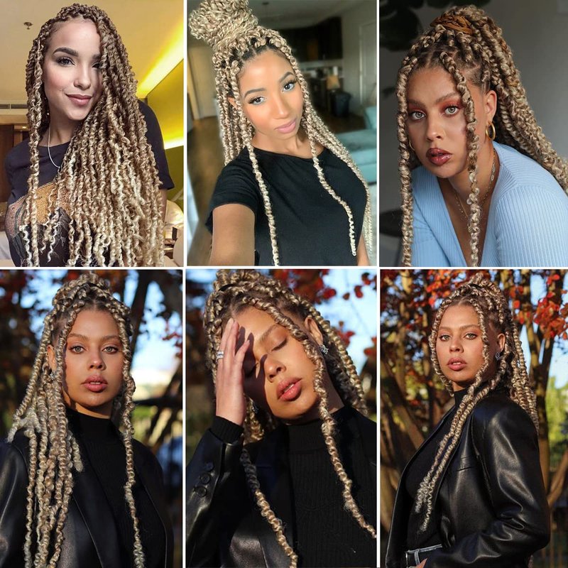 5Packs(115g/pack) Ombre Blonde Pretwisted Passion Twist Corchet Hair 22inch Pre-Looped Long Passion Twist Bohemian Curly Synthetic Braiding Hair Extensions(15strands/pack,T27/613#)